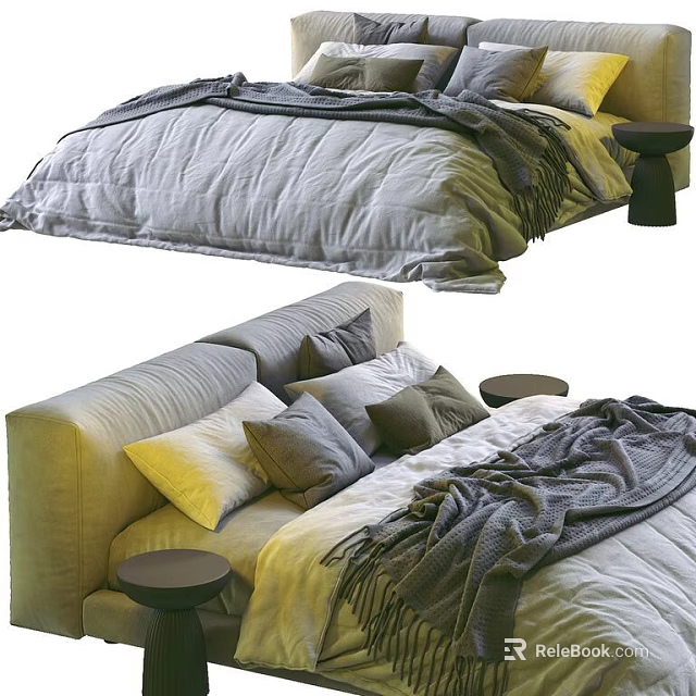 Cozy Modern Double Bed With Gray Quilt Blanket Beige Headboard Multiple Pillows And Side Stool 3d model 