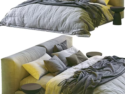 Cozy Modern Double Bed With Gray Quilt Blanket Beige Headboard Multiple Pillows And Side Stool 3d model