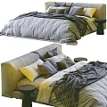 Cozy Modern Double Bed With Gray Quilt Blanket Beige Headboard Multiple Pillows And Side Stool