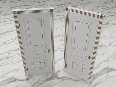 Classic White Swing Doors Featuring Gold Accents And Handles On Marble Surface 3d model