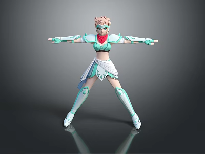 Game Movie Character With Pink Short Hair Green White Armor Costume Standing Pose Arms Outstretched 3d model