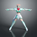 Game Movie Character With Pink Short Hair Green White Armor Costume Standing Pose Arms Outstretched