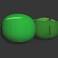 Green Caterpillar Toy Yellow Green Stripes Closed Eyes Pink Cheeks on Black Surface with Reflection