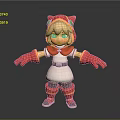 Cute Cartoon Girl Character With Cat Ear Hat Red White Dress Gloves Green Yellow Trim