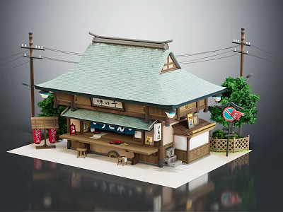 Cartoon Scene of Japanese Style Shop With Green Roof Wooden Structure Utility Poles and Trees 3d model