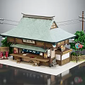 Cartoon Scene of Japanese Style Shop With Green Roof Wooden Structure Utility Poles and Trees