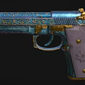 Ornate Blue And Gold Decorative Pistol With Intricate Patterns On Purple Grip