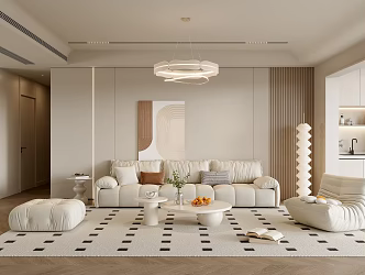 Modern Living Room Sofa Coffee Table Combination Lazy Sofa Stool Hanging Painting Chandelier Floor Lamp Green Plant 3d model