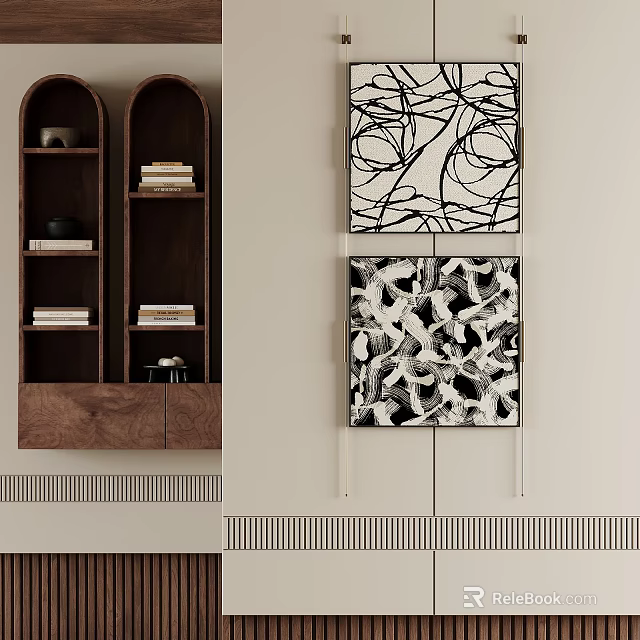 Modern Black And White Abstract Paintings On Interior Wall With Wooden Shelves 3d model 