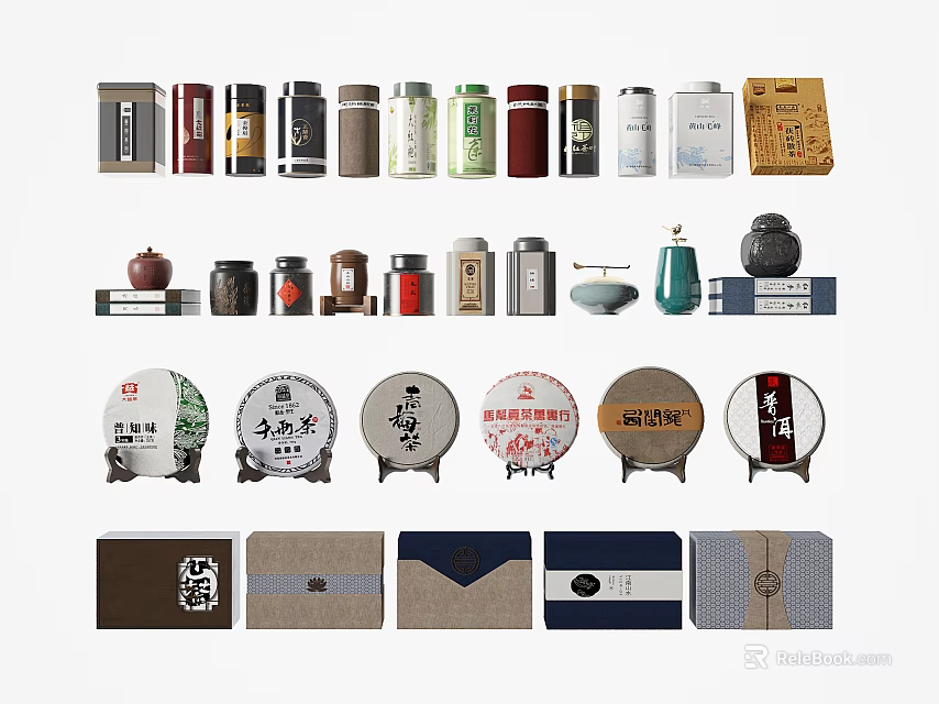 Traditional Tea Supplies Featuring Various Jars Cakes And Packaging Boxes 3d model