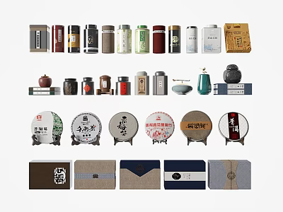 Traditional Tea Supplies Featuring Various Jars Cakes And Packaging Boxes 3d model