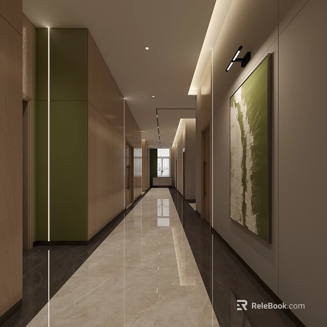 Modern Office Corridor With Sleek Polished Flooring Recessed Lighting Green Accent Walls And Elegant Design 3d model 