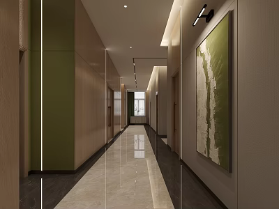 Modern Office Corridor With Sleek Polished Flooring Recessed Lighting Green Accent Walls And Elegant Design 3d model