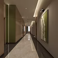 Modern Office Corridor With Sleek Polished Flooring Recessed Lighting Green Accent Walls And Elegant Design