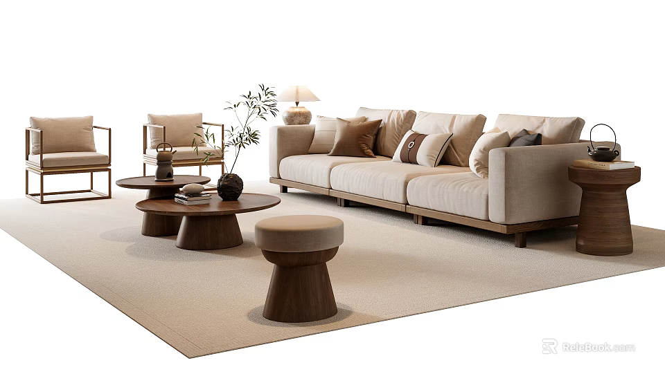 Modern Beige Sofa And Wooden Coffee Table Set With Round Stool Green Plant And Soft Rug 3d model 