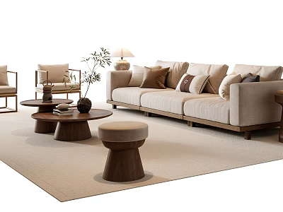 Modern Beige Sofa And Wooden Coffee Table Set With Round Stool Green Plant And Soft Rug 3d model