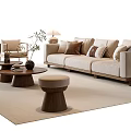 Modern Beige Sofa And Wooden Coffee Table Set With Round Stool Green Plant And Soft Rug