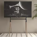 Modern Television on Wooden and Black Metal Stand With Moon Planet Display and Green Plant