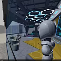 VR Virtual Experience Center Interior With Blue Lighting Hexagon Walls And Screens