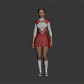 Female Cheerleader In Red And White Uniform With White Socks And Pink Sneakers
