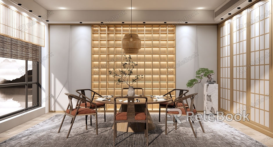 New Chinese-style private room Zen restaurant box hotel dining room round dining table and chair combination grille background wall bamboo chandelier model