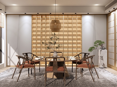 New Chinese-style private room Zen restaurant box hotel dining room round dining table and chair combination grille background wall bamboo chandelier model