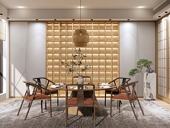 New Chinese-style private room Zen restaurant box hotel dining room round dining table and chair combination grille background wall bamboo chandelier 3d model