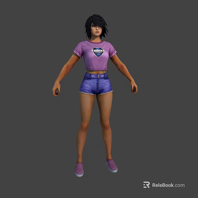Detailed 3D Character Model Wearing Purple T-shirt Blue Denim Shorts And Pink Shoes 3d model 