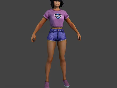 Detailed 3D Character Model Wearing Purple T-shirt Blue Denim Shorts And Pink Shoes 3d model