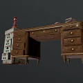 Vintage Wooden Office Desk With Matching Drawer Cabinet Stacked Books And Classic Lantern