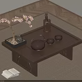 Japanese Style Tea Set With Ceramic Teapot Wooden Table Cherry Blossom Decoration Small Teacups