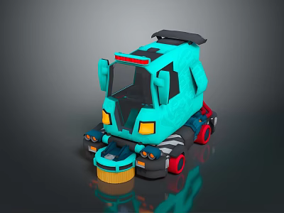 Turquoise Computerized Cleaning Robot With Yellow Lights Black Roof And Red Wheels 3d model