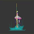 Fantasy Character In Pink Purple Dress With Golden Staff On Blue Cloud Base