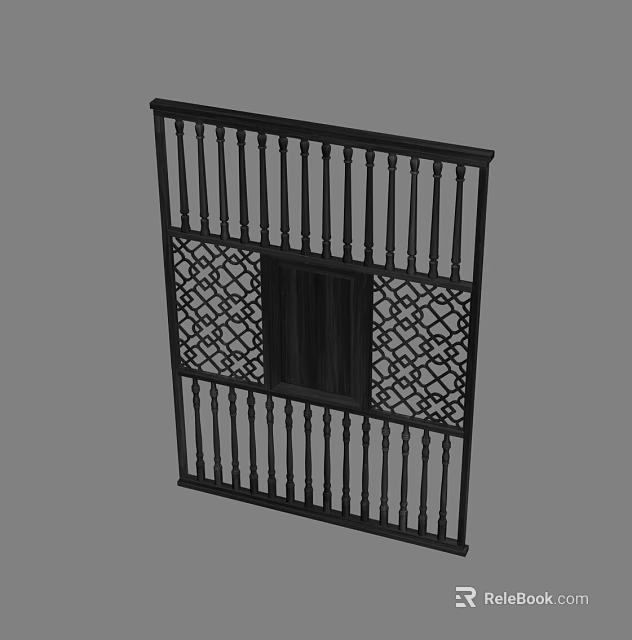 Black Decorative Fence Featuring Intricate Lattice Design And Central Square Section 3d model 
