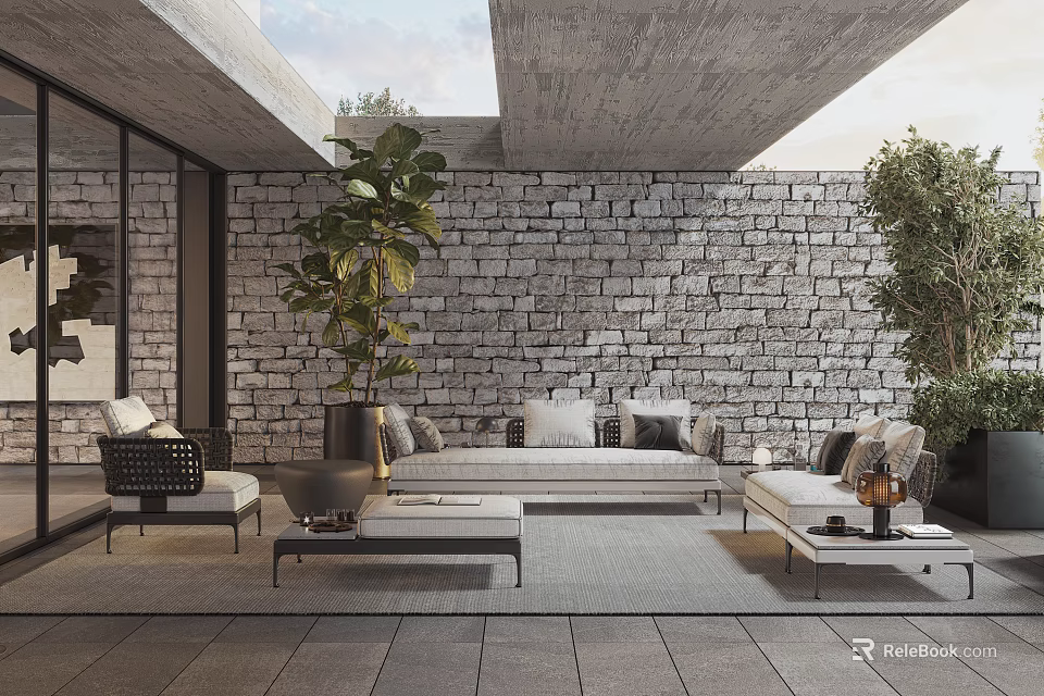 Villa Balcony Featuring Stone Wall Green Plants Sofa And Coffee Tables 3d model 