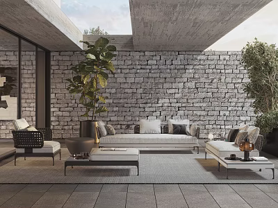 Villa Balcony Featuring Stone Wall Green Plants Sofa And Coffee Tables 3d model