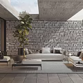 Villa Balcony Featuring Stone Wall Green Plants Sofa And Coffee Tables