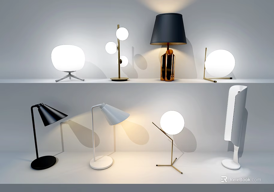 Modern Table Lamps With Various Designs And Metal Bases On Shelves 3d model 