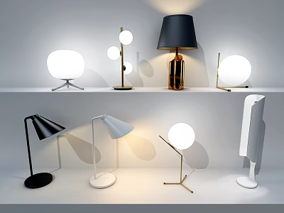 Modern Table Lamps With Various Designs And Metal Bases On Shelves 3d model