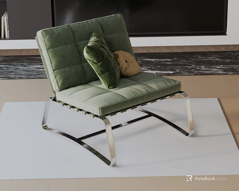 Modern Green Velvet Accent Chair With Stainless Steel Frame And Decorative Pillows On White Rug 3d model 
