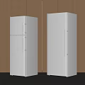 Two Modern White Refrigerators With Sleek Design Against Wooden Wall