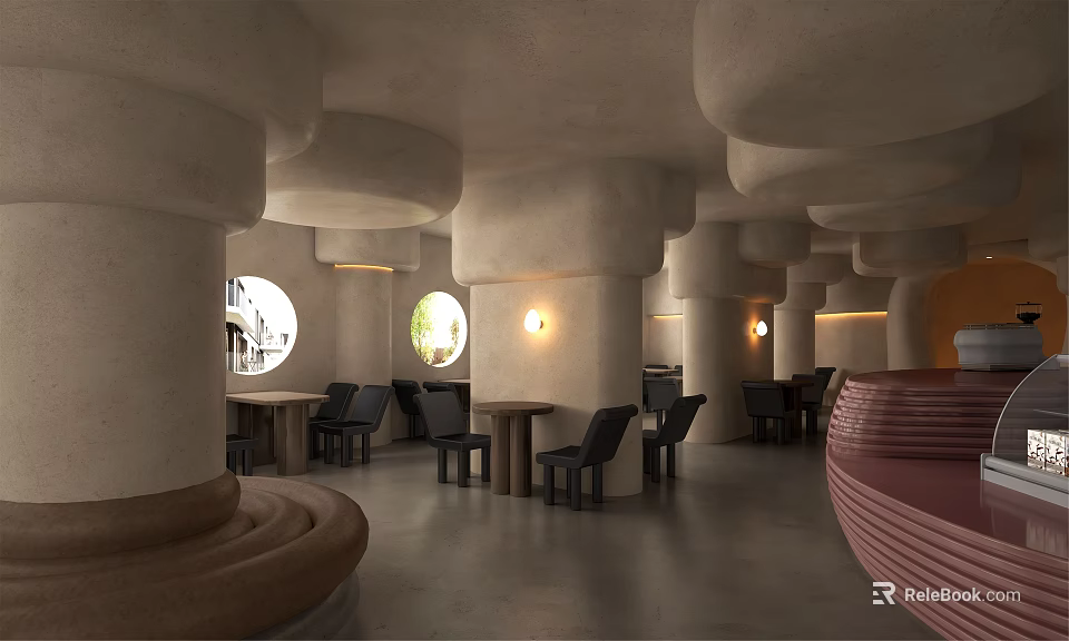 Contemporary Restaurant Interior With Circular Windows Columns Tables Chairs And Warm Lighting 3d model 