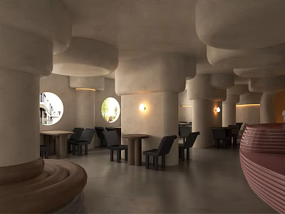 Contemporary Restaurant Interior With Circular Windows Columns Tables Chairs And Warm Lighting 3d model
