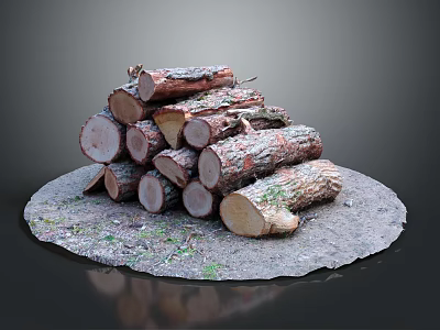 Natural Wood Material Logs Stacked With Bark And Green Moss On Circular Ground 3d model