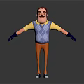 Cartoon 3D Character With Red Hair Mustache Wearing Argyle Vest Yellow Sleeves Orange Striped Pants Blue Gloves