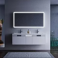 Modern Bathroom Vanity With Double Sink Backlit Mirror Faucets Green Bathtub And Gray Wall