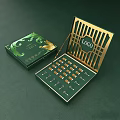 Perfume Cosmetics Elegant Green Luxury Packaging with Gold Accents Opened Box Containing Arranged Small Bottles