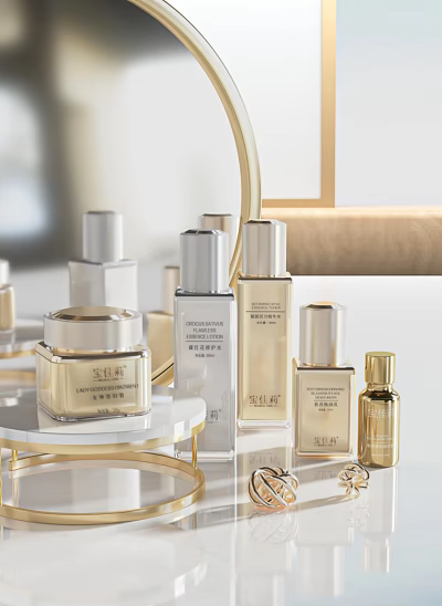Luxury Cosmetics Perfume Bottles With Gold Silver Packaging On Modern Vanity Shelf 3d model