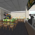 Casual Restaurant Interior With Wooden Tables Chairs Counter And Menu Posters