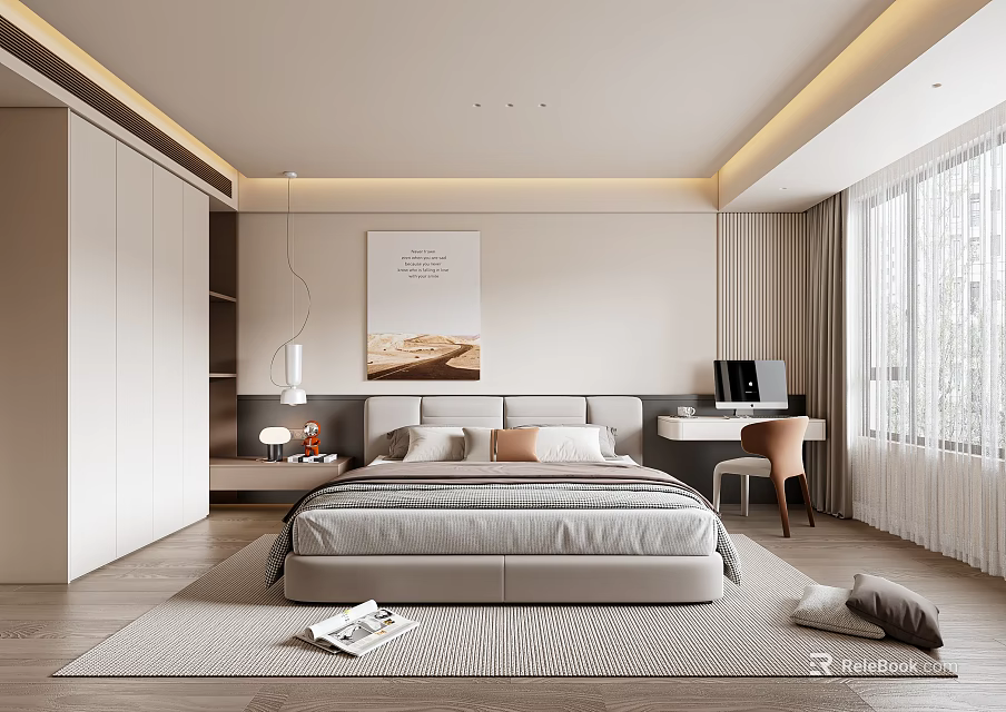 Modern Bedroom Interior Design With Comfortable Bed Writing Desk Chair Light Curtains And Wall Artwork 3d model 
